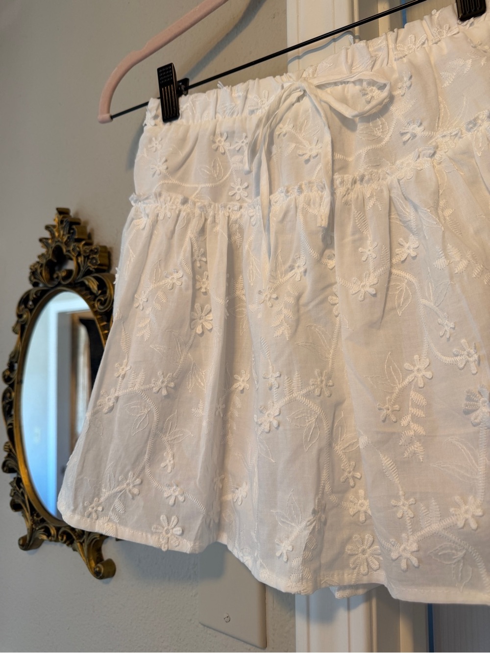 White Embroidered Mini Skirt with waist tie - never worn